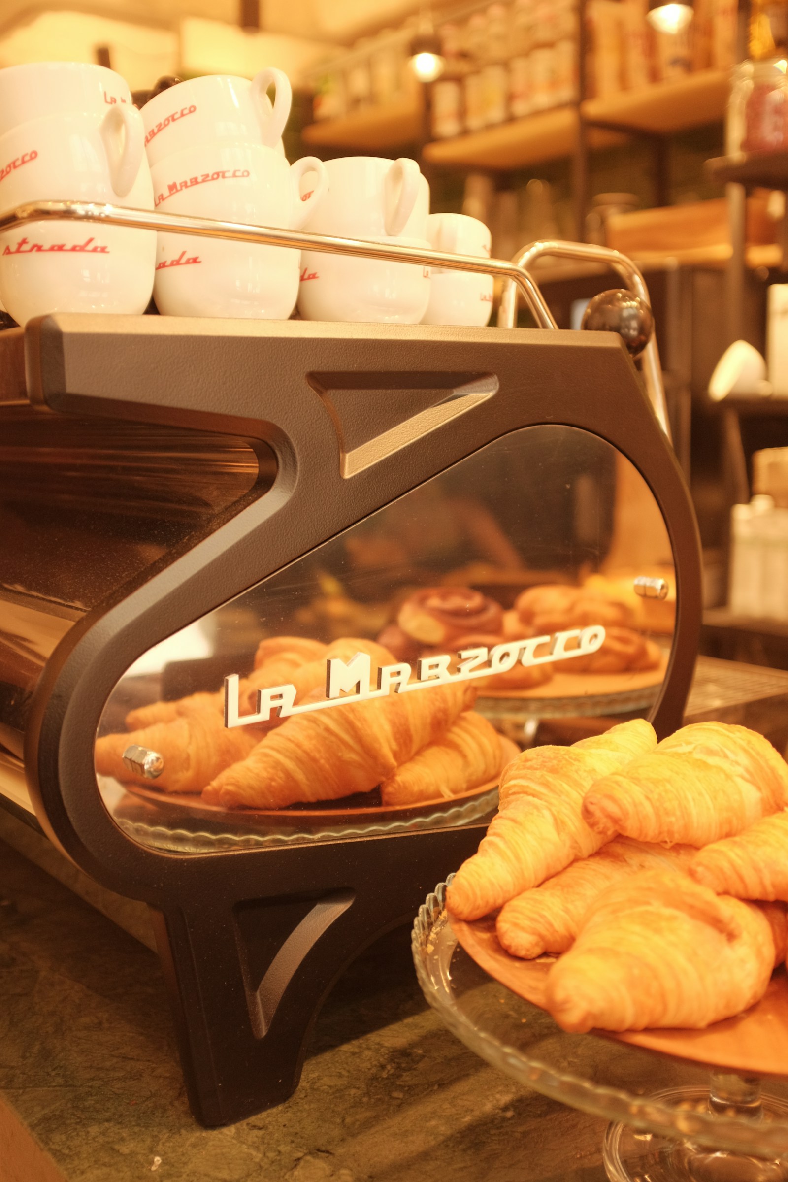 Illustrative bakery counter with pastries
